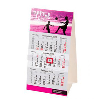 3-Monats-Tischkalender Junior, 3-sprachig D/GB/F. Feiertage: GB/F/D/NL/A/CH/I. Kalenderblätter: 90 g/m² holzfrei weiß, Rückwand: 290 g/m² Chromokarton
