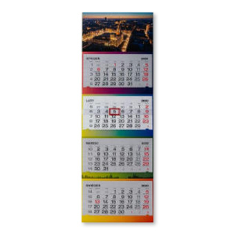 Kreative 4-Monatskalender Werbeidee. 97,5x33 cm, Rückwand GD2 450g, 4c CMYK-Druck, Drucklack, Stanzen, Metallöse. Kalendarium 15,5x32 cm, Offsetpapier 80g, 2+0 Druck.