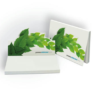 Haftnotizen aus Recyclingpapier als Werbeartikel, individuell gestaltbarer Umschlag