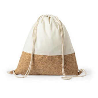 Kordelzug-Rucksack aus Baumwolle und Naturkork. Verschließbare Saiten, verstärkte Ecken. Natürlich und langlebig.