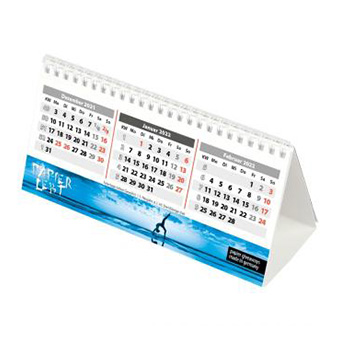 Tischkalender 3 Monate quer, 1-sprachig Deutsch. Kalenderblätter 250 g/m² Bilderdruck, Rückwand 290 g/m² Chromokarton
