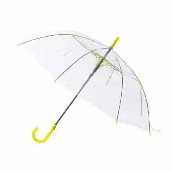 Transparenter Regenschirm mit farbigen Griffen und Mustern