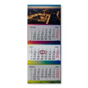Kreative 3-Monatskalender Werbeidee. 78x33 cm, Rückwand GD2 450g, 4c CMYK-Druck, Drucklack, Stanzen, Metallöse. Kalendarium 15,5x32 cm, Offsetpapier 80g, 2+0 Druck.
