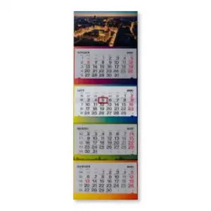 Kreative 4-Monatskalender Werbeidee. 97,5x33 cm, Rückwand GD2 450g, 4c CMYK-Druck, Drucklack, Stanzen, Metallöse. Kalendarium 15,5x32 cm, Offsetpapier 80g, 2+0 Druck.