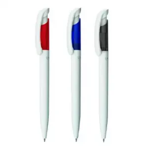 Nachhaltiger, kompostierbarer Druckkugelschreiber. Gehäuse und Clip aus 100% nachwachsendem Material. Gefrostetes ABS-Kunststoff-Oberteil.