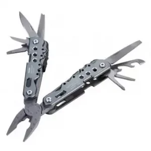 Mini-Werkzeug Schlüsselanhänger mit 10 Funktionen, integrierte Feder und Feststellfunktion, Zange, Messer, Säge, Flaschenöffner, Dosenöffner, Schlitzschraubendreher.