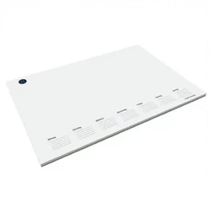 Klassische Schreibunterlage DIN A2. Papier: 70 g/m² holzfrei weiß, FSC möglich. Offsetdruck, einseitig geleimt. Optionale farbige/transparente Leiste