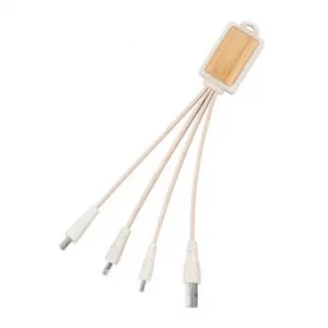 Nachhaltiges 3in1-Ladekabel aus Bambus und Weizenstroh, Werbemittel mit Lasergravur